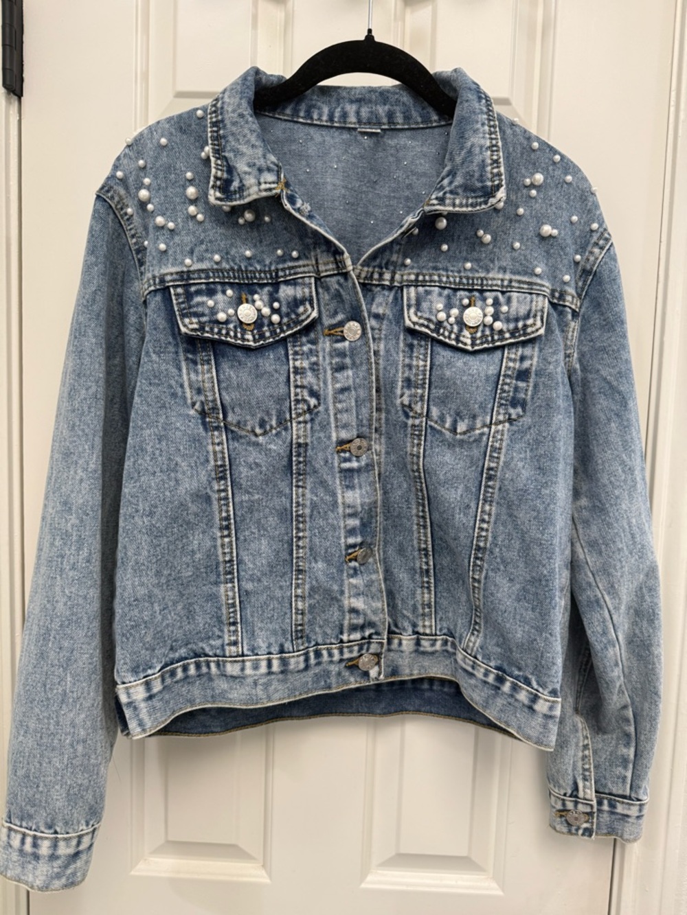 Pearl-Embellished Light Wash Denim Jacket - Women
